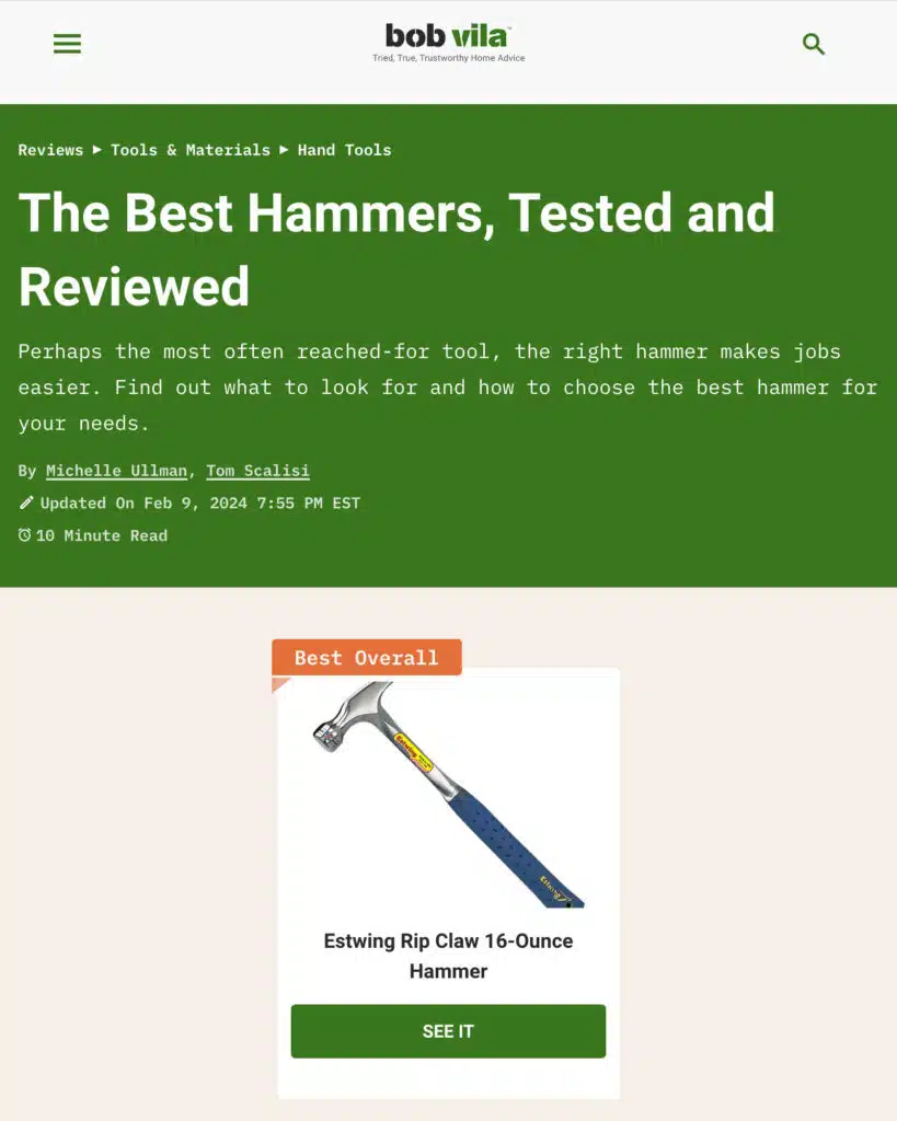 Bob Vila website review page for "The Best Hammers, Tested and Reviewed"