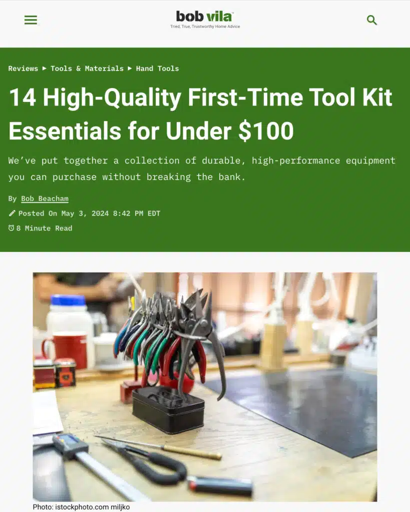 Bob Vila website review page for "14 High-Quality First-Time Tool Kit Essentials for Under $100"